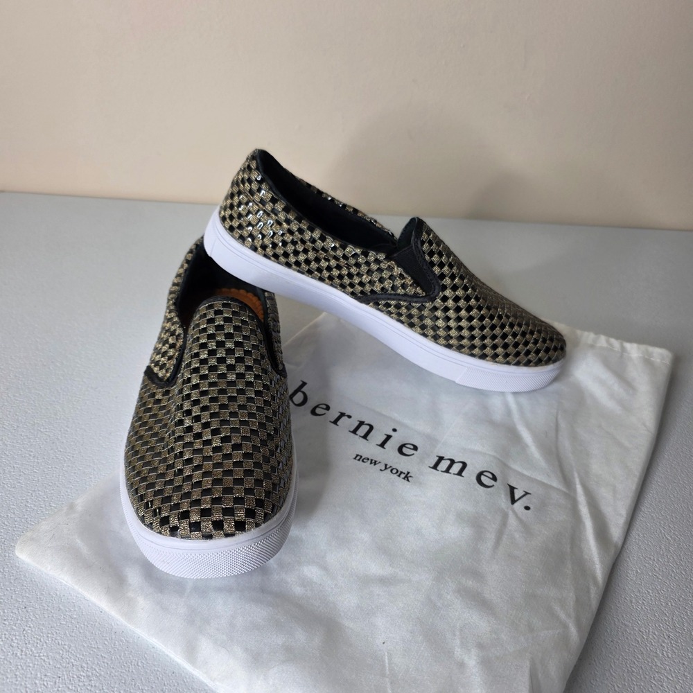 NEW‎ Bernie Mev Slip On Sneakers Womens 41 (10.5) Gold Black Woven Shoes Bag